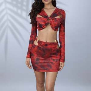 Red Tie-Dye Cutout Two Piece Set – Long Sleeve Crop Top & Mini Skirt w/ Gold Rin